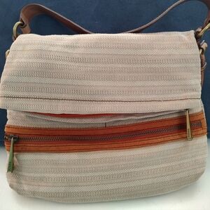 FOSSIL EXPLORER Fold Over Tan & Orange Stripe Canvas Shoulder Bag /Leather Trim